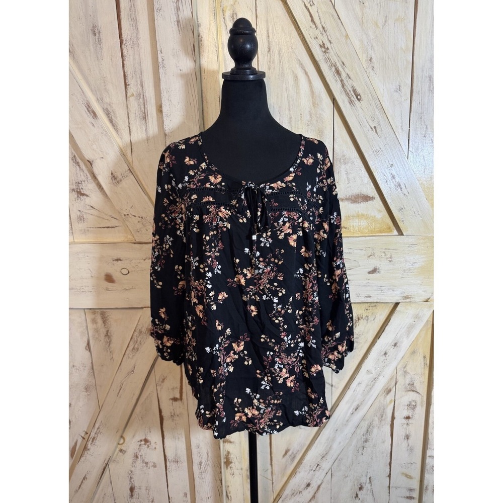 Adrienne Vittadini Women's Floral Print Long Sleeves Black Multil Size XL New